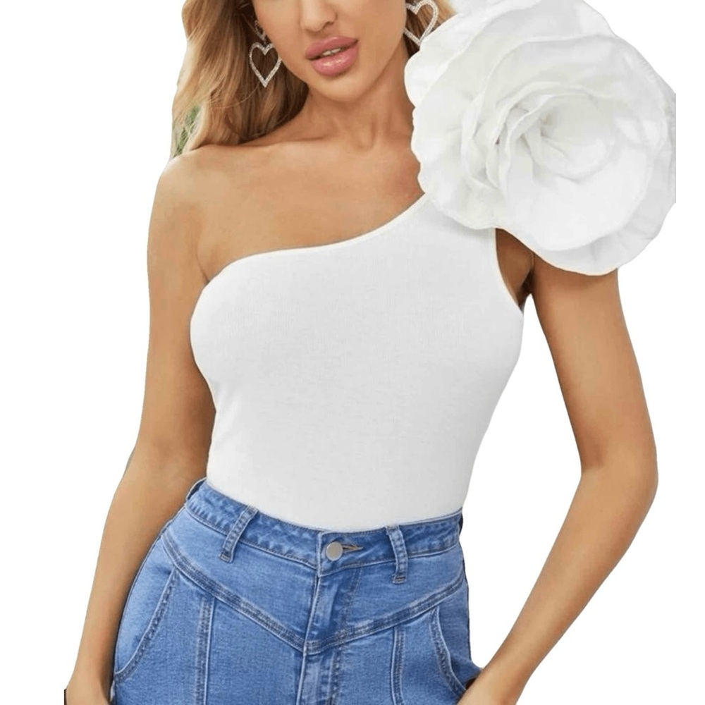 Statement White Flower One-Shoulder Top, Size Small
